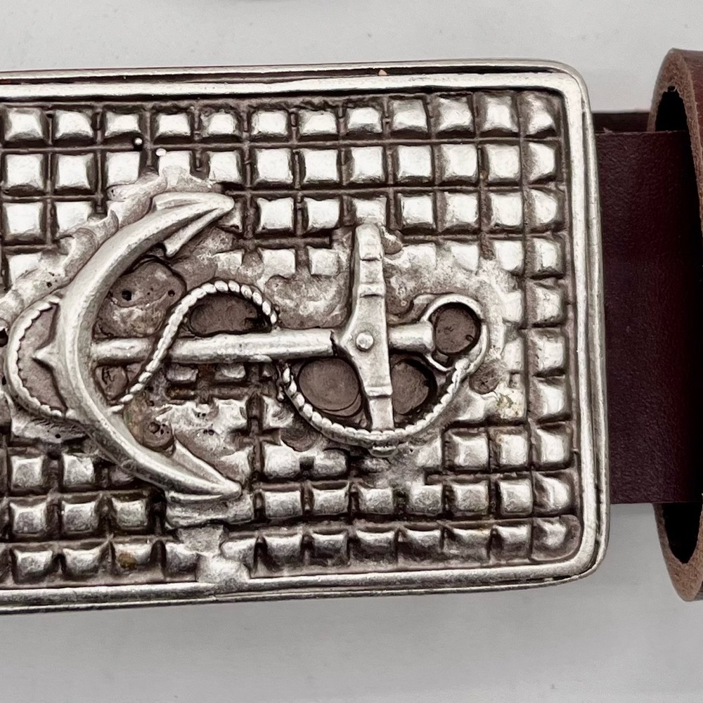 Silver Anchor Belt Buckle with Brown Leather Strap
